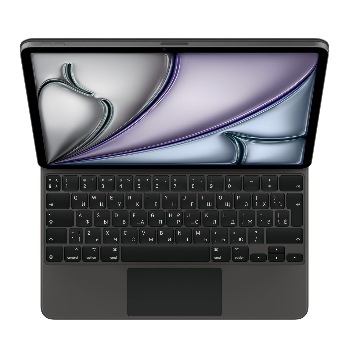 Magic Keyboard i svart, sett framifrån, anslutet till sin följeslagare iPad Pro 12,9 tum (femte generationen).
