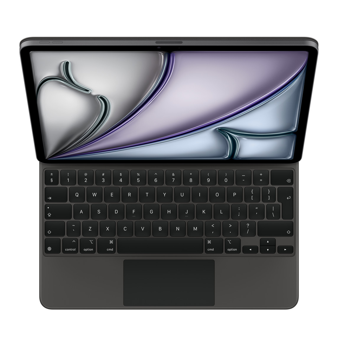 Widok z przodu klawiatury Magic Keyboard w kolorze czarnym podłączonej do iPada Pro 12,9 cala (5. generacji), do użytku z którym jest przeznaczona.
