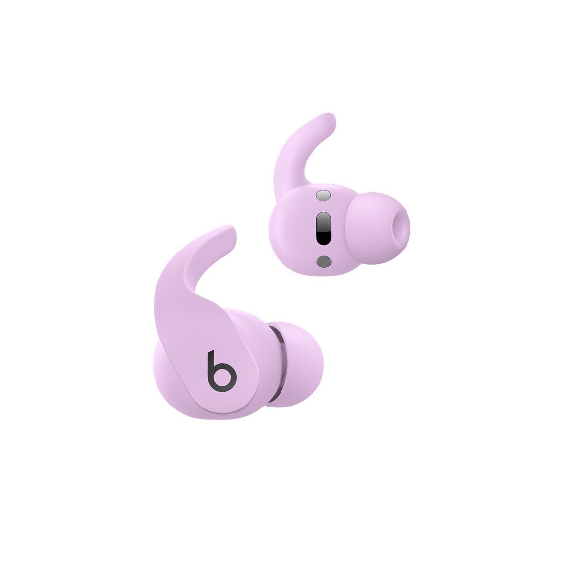 Bezprzewodowe słuchawki douszne Beats Fit Pro w kolorze antracytowego fioletu z widocznymi nausznymi elementami sterującymi, które służą do obsługi połączeń i sterowania odtwarzaniem muzyki. 