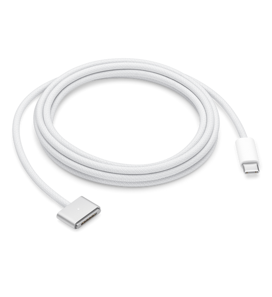 Witte USB-C-naar-MagSafe 3-kabel van 2 meter, met een magnetische connector die gemakkelijk in de voedingspoort van je MacBook Pro klikt.