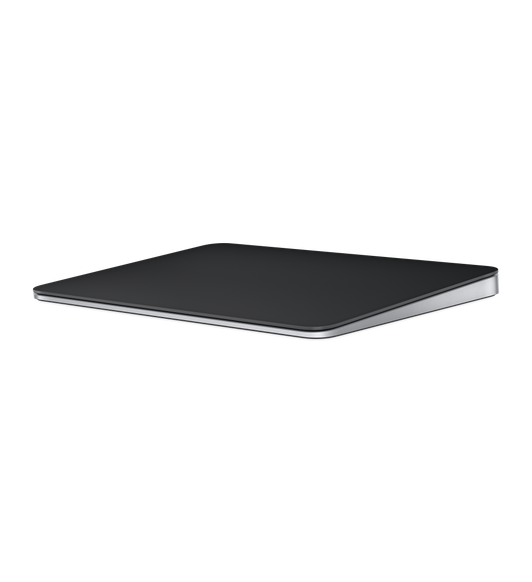 Magic Trackpad in Black showing its large edge-to-edge glass surface area for easier scrolling and swiping.
