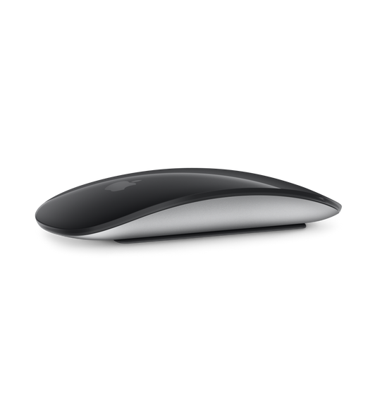 Černá Magic Mouse se zaoblenou konstrukcí a Multi-Touch povrchem.
