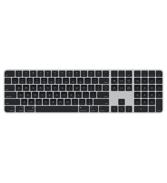 Magic Keyboard com teclado numérico preto, com teclas de seta dispostas em T invertido e teclas de página para cima e página para baixo dedicadas.