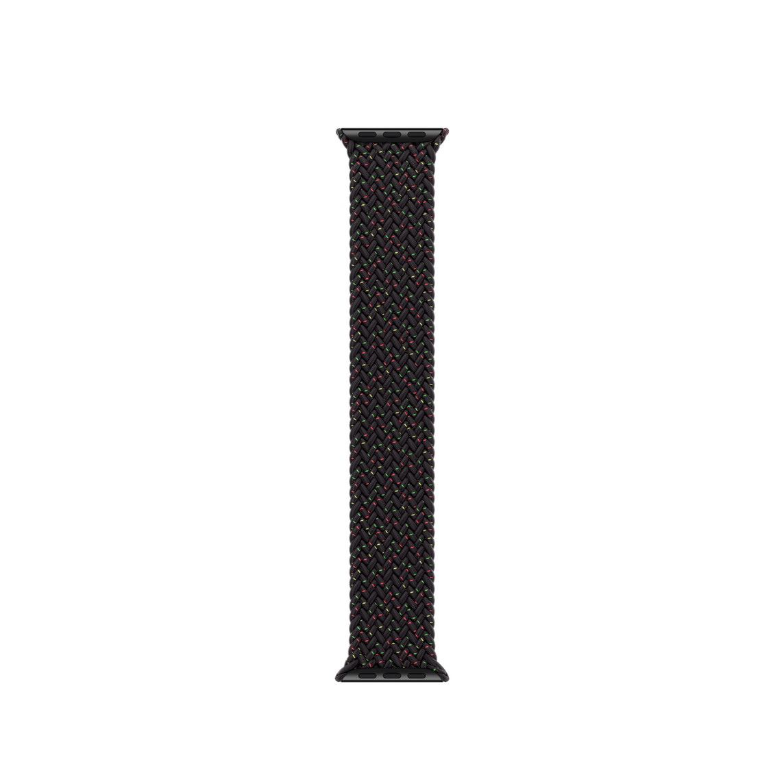 Geflochtene Solo Loop Armband Black Unity, mit roten und grünen Sprenkeln akzentuiert, gewebte Polyester- und Silikonfäden ohne Schnallen oder Schließen