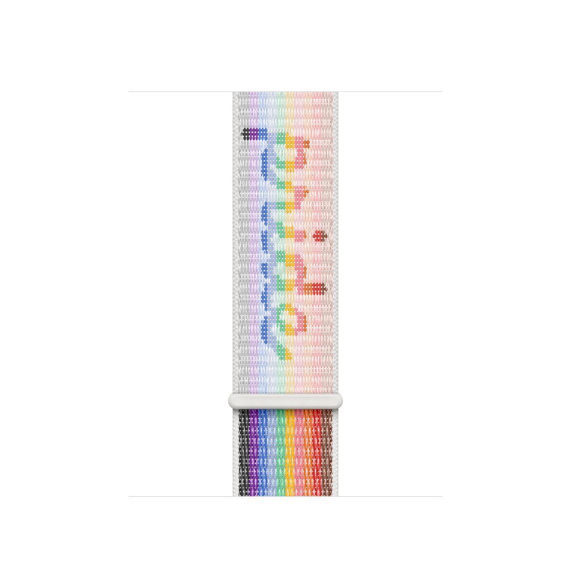 Sport Loop i Pride Edition (regnbuefarvet), vævet nylon med regnbuefarvede striber og ordet "pride" broderet ind i remmen, som er med burrebåndslukning
