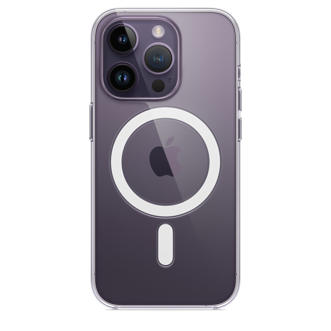 Transparent skal med MagSafe till iPhone 14 Pro som framhäver iPhone 14 Pro-enhetens snygga finish.