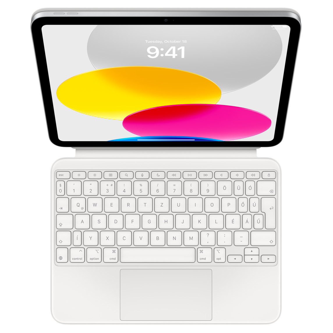 Az iPad és a hozzá csatlakozó, kinyitva lefektetett Magic Keyboard Folio felülnézete. A kijelzőn színes, körkörös alakzatok látszanak.