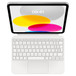 Vista dall’alto di un iPad agganciato a una Magic Keyboard Folio appoggiata su un piano. Sul display sono mostrate delle forme ovali colorate. 