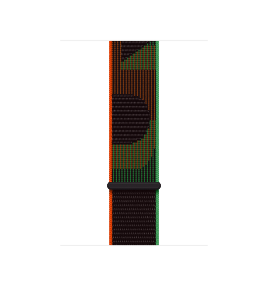 Sport Loop Armband Black Unity, schwarzes gewebtes Nylon mit dem Wort „Unity“ in rotem und grünem Design, Klettverschluss
