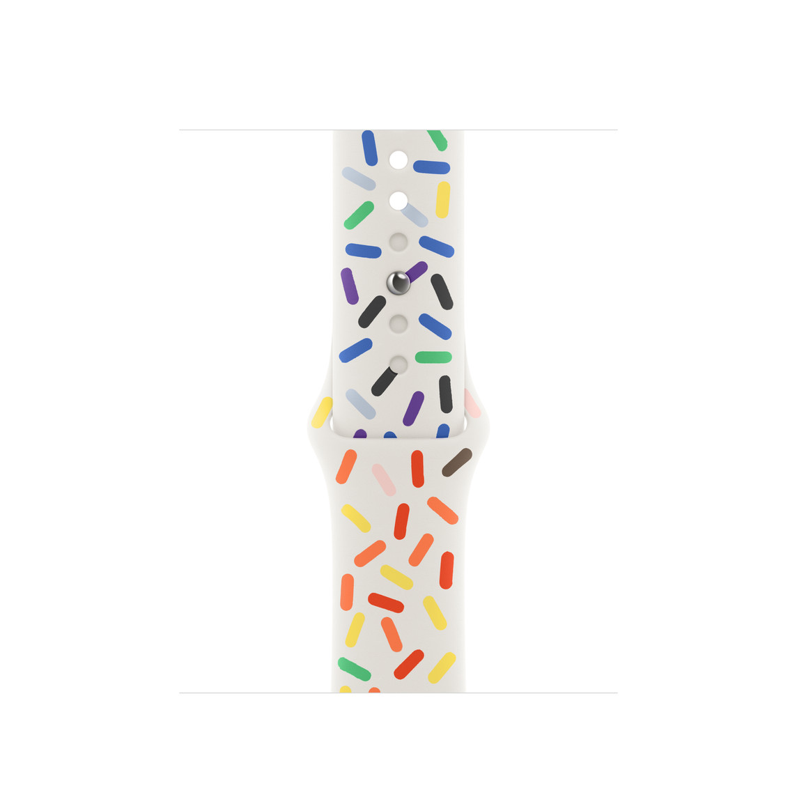 Sportband i Pride Edition, vitt armband dekorerat med helfärgade ovaler i regnbågens alla färger, slät fluorelastomer med stiftspänne