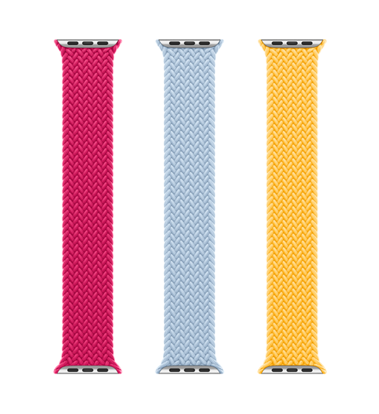 Flettede Solo Loop-remmer i bringebær (rosa), lyseblå og solskinn (gul), polyestergarn vevet sammen med silikontråd, helt uten låser og spenner