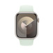 Bracelete desportiva verde-menta suave a mostrar o Apple Watch com caixa de 45 mm e Digital Crown.