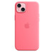 Coque en silicone rose avec MagSafe pour iPhone 15 Plus, logo Apple au centre, fixée à un iPhone 15 Plus rose, vu à travers la découpe pour l’appareil photo.