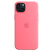 Coque en silicone rose avec MagSafe pour iPhone 15 Plus, logo Apple au centre, fixée à un iPhone 15 Plus noir, vu à travers la découpe pour l’appareil photo.