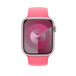 Roze solobandje met zicht op een Apple Watch met 45-mm kast en de Digital Crown.