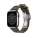 Cinturino Simple Tour Kilim color Kaki (marrone-verde); sono visibili anche il quadrante e la Digital Crown di Apple Watch.