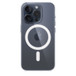 Gennemsigtigt etui med MagSafe til iPhone 15 Pro, der sidder på en iPhone 15 Pro i blåt titanium.