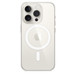 Un iPhone 15 Pro in titanio bianco con la custodia MagSafe trasparente.