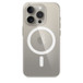 Un iPhone 15 Pro in titanio naturale con la custodia MagSafe trasparente.