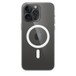 iPhone 15 Pro Maxin kirkas kuori MagSafella, kiinnitettynä mustan titaanin väriseen iPhone 15 Pro Maxiin.