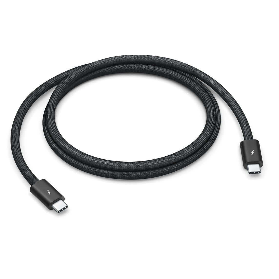 Zwarte gevlochten Thunderbolt 4 Pro-kabel van 1 meter die je kunt oprollen zonder dat hij in de knoop raakt. Via deze kabel kun je gegevens overzetten met een snelheid tot 40 gigabyte per seconde.