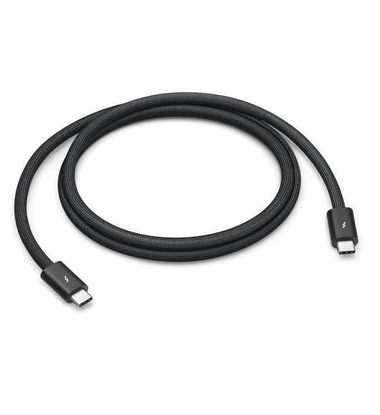 Zwarte gevlochten Thunderbolt 4 Pro-kabel van 1 meter die je kunt oprollen zonder dat hij in de knoop raakt. Via deze kabel kun je gegevens overzetten met een snelheid tot 40 gigabyte per seconde.