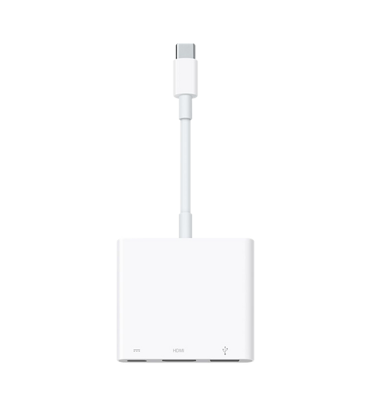 Wieloportowa przejściówka z USB-C na cyfrowe AV pozwala podłączyć Maca lub iPada z portem USB-C do monitora HDMI przy jednoczesnym podłączeniu standardowego urządzenia USB i przewodu zasilającego USB-C.