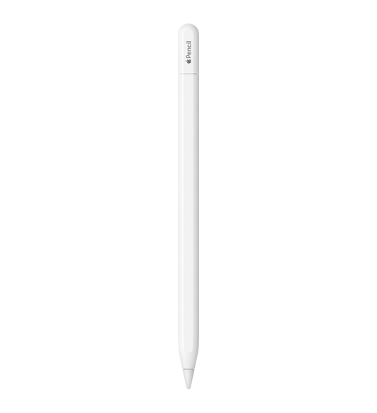 Apple Pencil (USB-C), valkoinen, päässä tulppa, jonka kaiverruksessa lukee Apple Pencil, ja Apple-sanan tilalla on Apple-logo