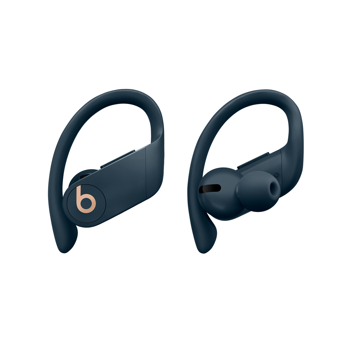 De helt trådløse Powerbeats Pro-øretelefoner i marineblå med justerbare ørekroge og god pasform kan tilpasses med forskellige ørepropstørrelser, så de bliver endnu mere behagelige at have på.