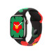 Apple Watch Series 9 med sort Black Unity Sportsrem i Blomstrende sammenhold, præget med illustrerede blomster i forskellige former og størrelser tegnet i en forenklet stil og i forskellige nuancer af rød, grøn og gul, designet kan ses på ydersiden og indersiden af remmen, remmen har en stiftlukning.
