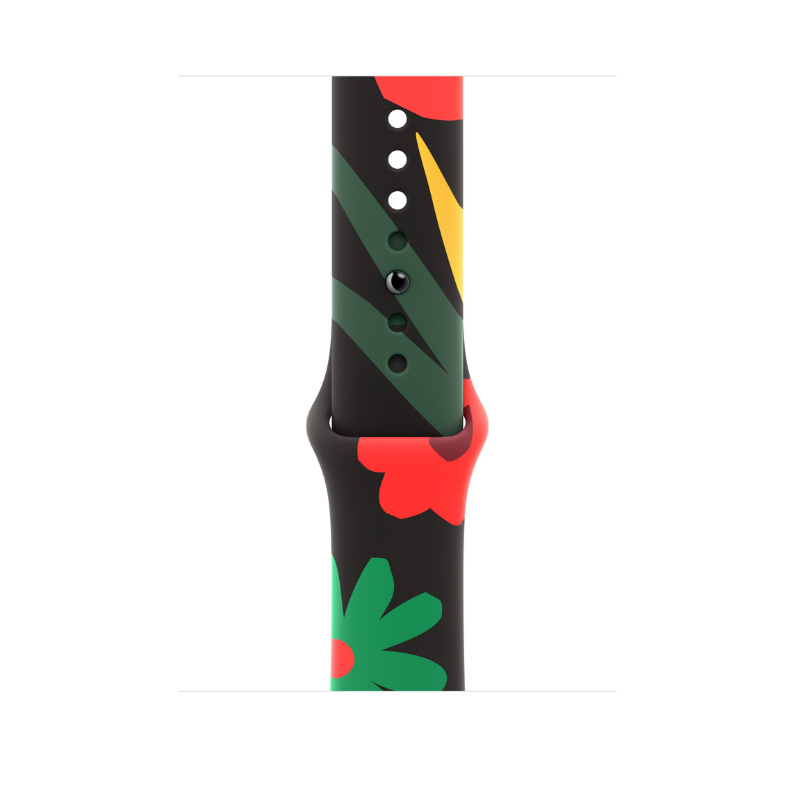 Sportovní řemínek Black Unity – Unity Bloom akcentovaný ilustrovanými květinami různých tvarů a velikostí, které jsou nakreslené v jednoduchém stylu a v různých tónech červené, zelené a žluté; kolíčkové zapínání.