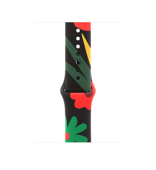Bracelete desportiva Black Unity no padrão Unity Bloom, com flores ilustradas de diferentes formas e tamanhos desenhadas num estilo simplista em diferentes tons de vermelho, verde e amarelo, fecho de clip.