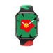 Apple Watch Series 9 mit Black Unity Sportarmband in Unity Bloom, das Zifferblatt zeigt eine rote Blume mit gelbem Zentrum auf einer größeren grünen Blume mit Blütenblättern, die über das Zifferblatt hinausreichen. Stunden- und Minutenzeiger in Weiß.