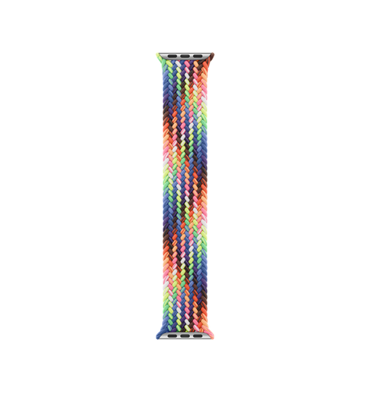 Pride Edition Örgü Solo Loop kordon, canlı gökkuşağı renklerinde Pride bayrağından ilham alan neon renklerde örgü iplikli, klipssiz ve tokasız bir tasarıma sahip
