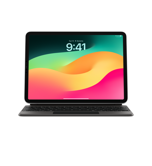 Klawiatura Magic Keyboard do iPada Pro 11 cali (3. generacji) i iPada Air (5. generacji) w kolorze czarnym, założona na iPada.