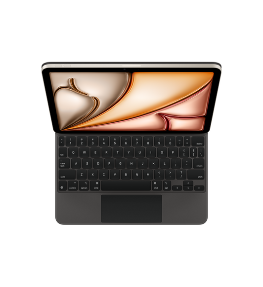 Das iPad Air ist am Magic Keyboard in Schwarz befestigt, schwarze Tasten mit weißer Schrift, Pfeiltasten in umgekehrter T‑Anordnung, integriertes Trackpad