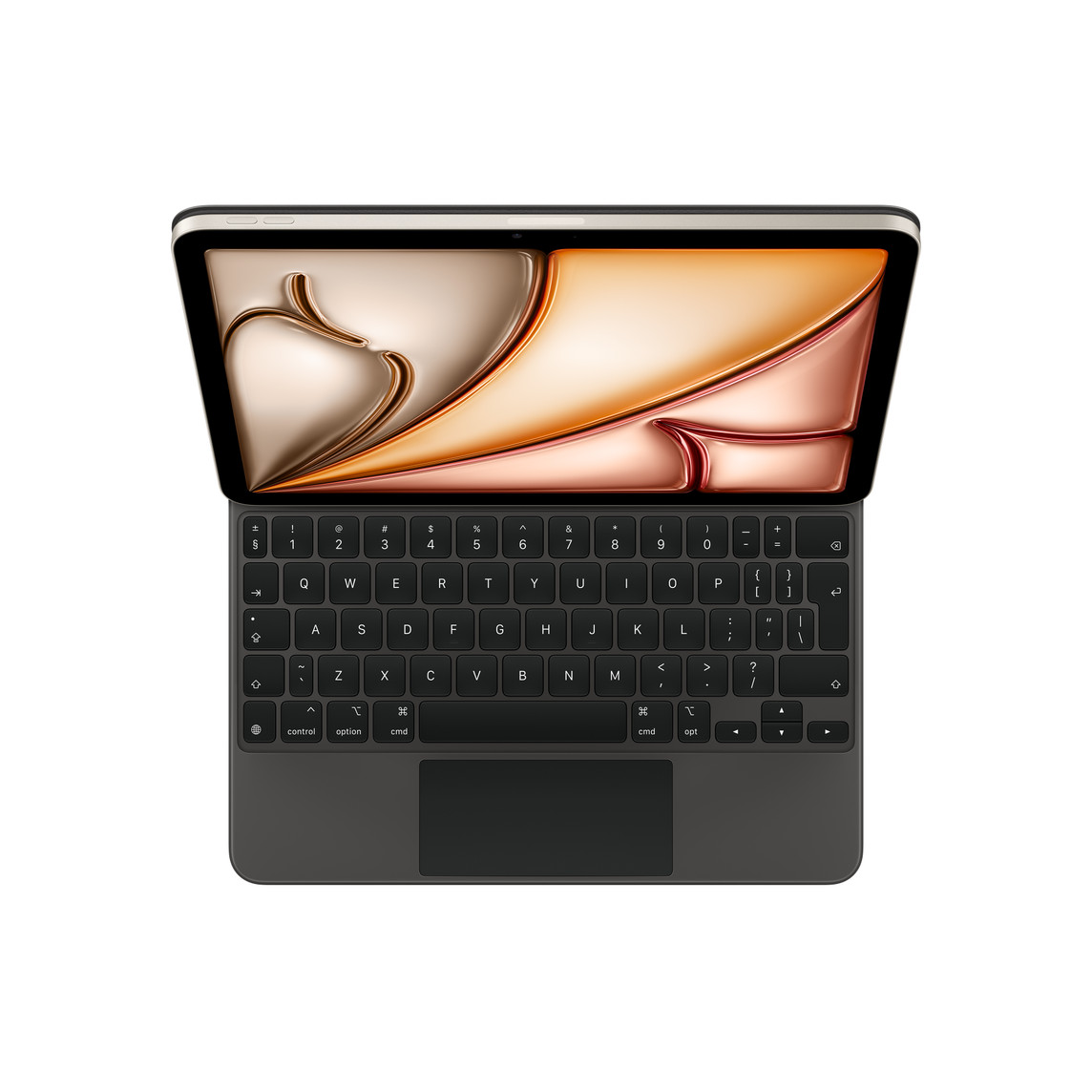 iPad Air podłączony do klawiatury Magic Keyboard w kolorze czarnym, czarne klawisze z białym tekstem, klawisze strzałek w układzie odwróconego „T”, wbudowany gładzik