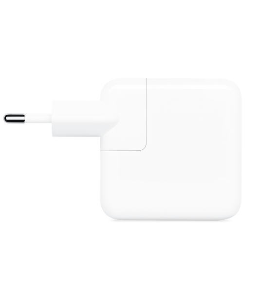 Widok z profilu zasilacza Apple USB‑C o mocy 30 W (z wtyczką typu C).
