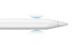 Zona situada antes de la punta de un Apple Pencil con puntos azules que indican que los lados se pueden apretar