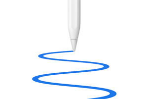 Punta del Apple Pencil que dibuja con fluidez una línea azul curva