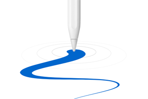 La punta de un Apple Pencil está dibujando una línea azul estrecha al comienzo y gruesa al final