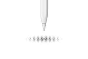 La punta de un Apple Pencil sobrepasa un conjunto de líneas verticales