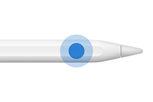 Un Apple Pencil avec une forme circulaire concentrique mettant en évidence la zone tactile près de la pointe