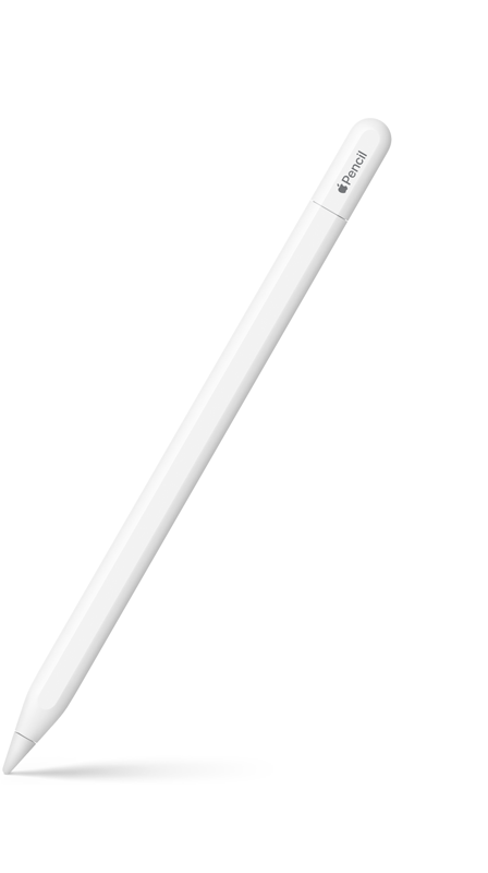 Apple Pencil (USB-C), hvit, gravering ved hetten hvor det står Apple Pencil, ordet Apple er representert med en Apple-logo