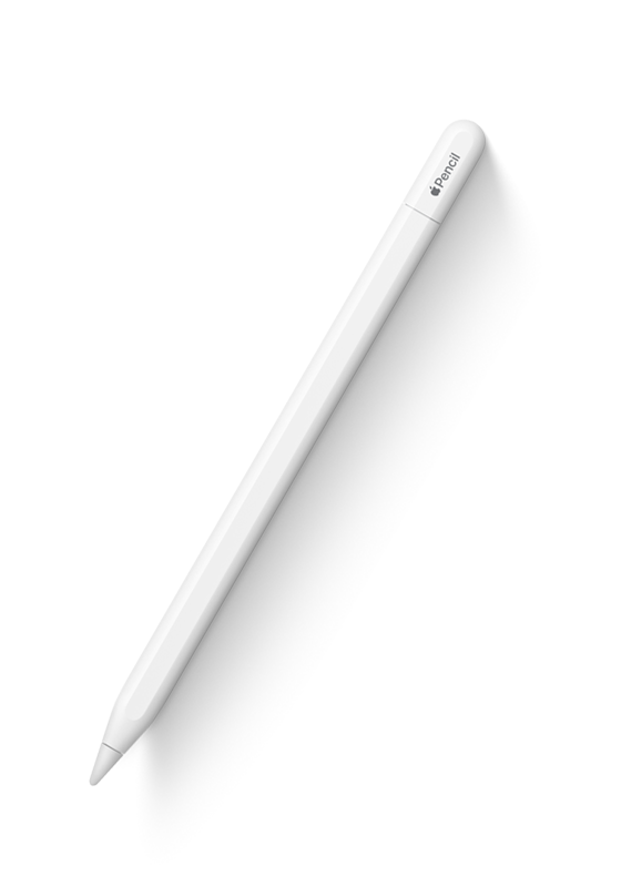 Apple Pencil (USB-C), valkoinen, päässä olevassa tulpassa on kaiverrus, jossa lukee Apple Pencil, ja Apple-sanan tilalla on Apple-logo