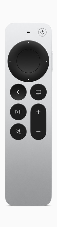 Siri Remote med sølvfarvet aluminium på ydersiden. Touch-kompatibelt klikfelt, hævede runde knapper.