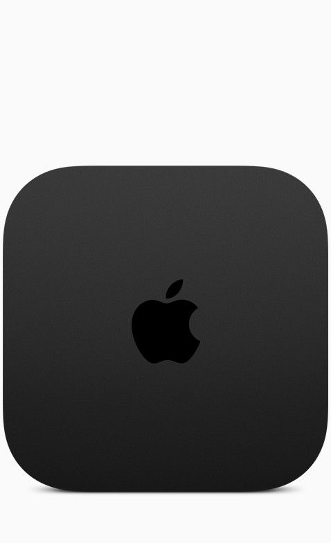 Apple TV 4K nera, parte superiore quadrata, angoli arrotondati, logo Apple inciso. Lati dritti e lisci.