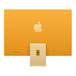 iMac in Gelb, Gehäuserückseite, Apple Logo in der Mitte und einige Nuancen heller als das dunklere Gehäuse, Kabelaussparung im Standfuß, USB-C und Thunderbolt Anschlüsse unten links, Netztaste unten rechts