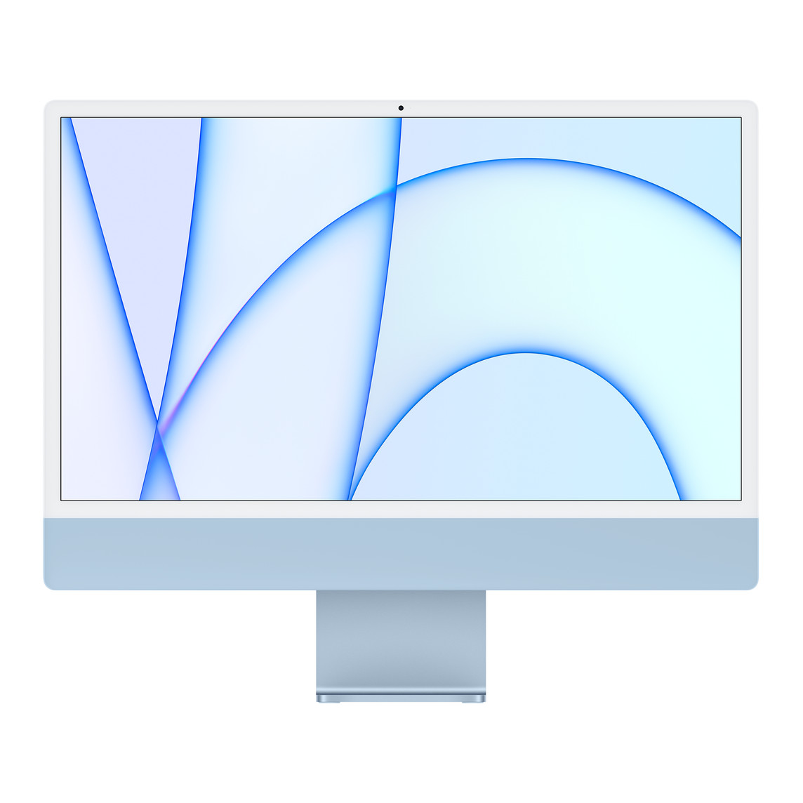 Vista frontal del exterior del iMac, que muestra el marco blanco de la pantalla, el exterior y el soporte de aluminio en azul