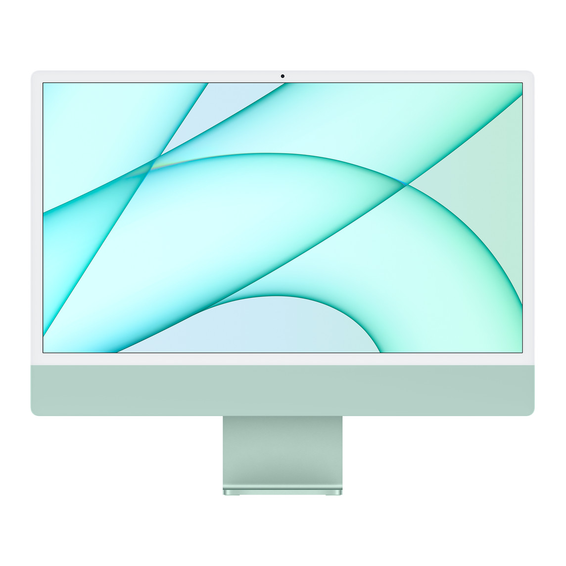iMac, Gehäusevorderseite, weißer Display-Rand, grünes Gehäuse und Standfuß aus Aluminium